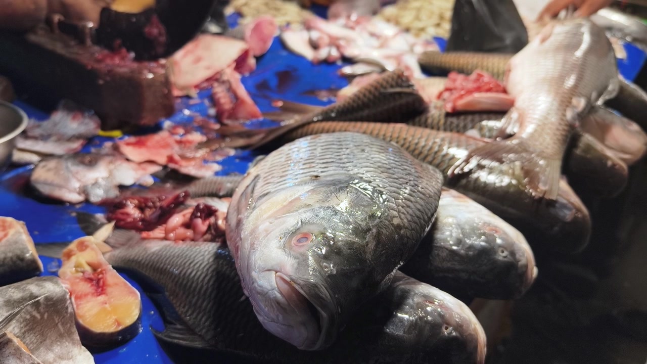Closeup shot of Fish in a Asian fish market. Fish being chopped in the background by sellers, fish waste in the background