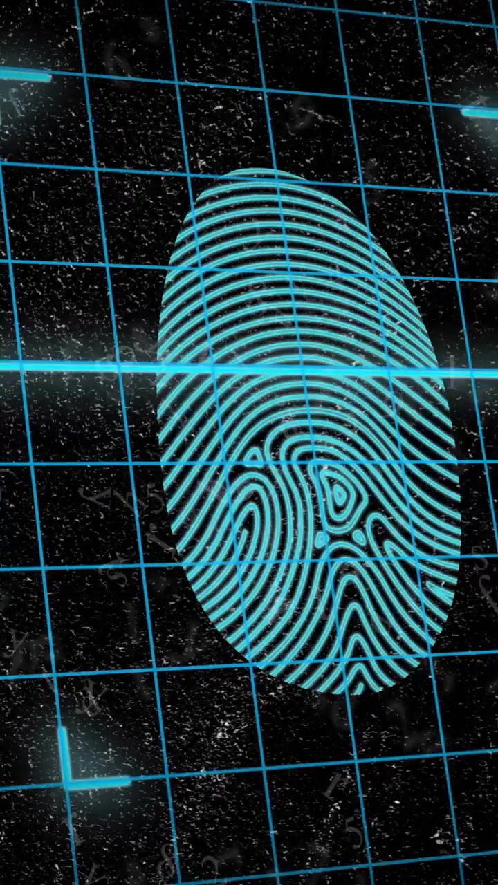 Animation of biometric fingerprint and data processing over dark background