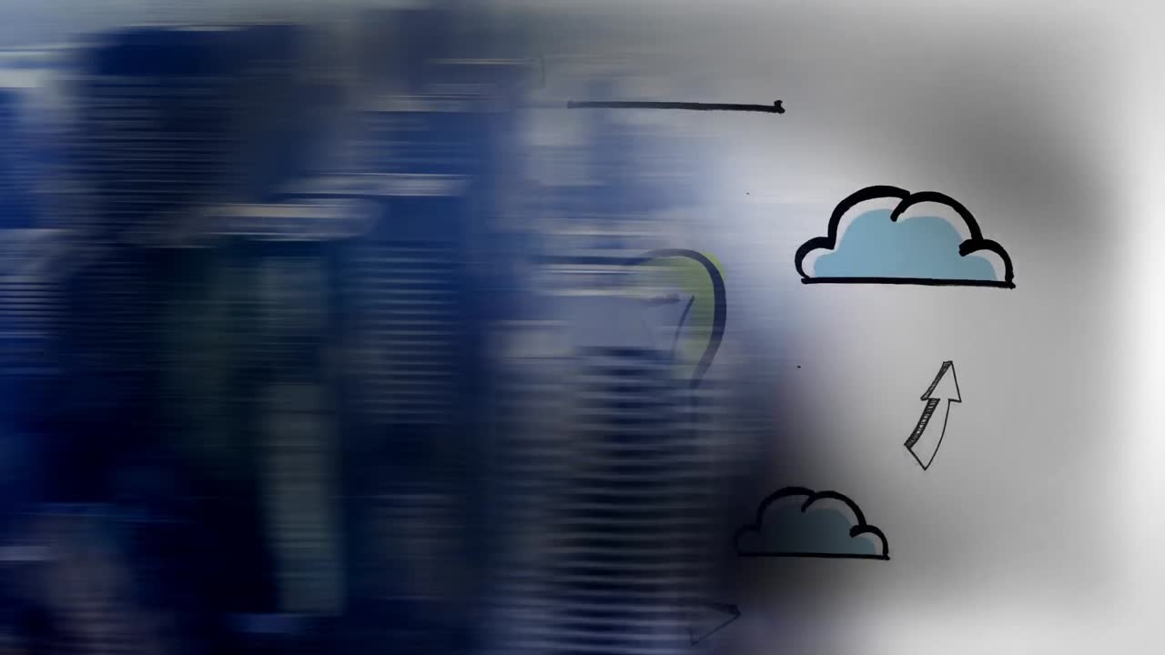 animación de símbolos de computadora e internet dibujados a mano y bombilla vista a través de un agujero en un fondo negro