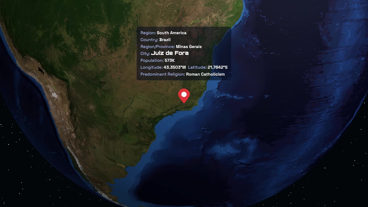 Digital globe rotates and zooms into South America, pinpointing Juiz de Fora with data overlays