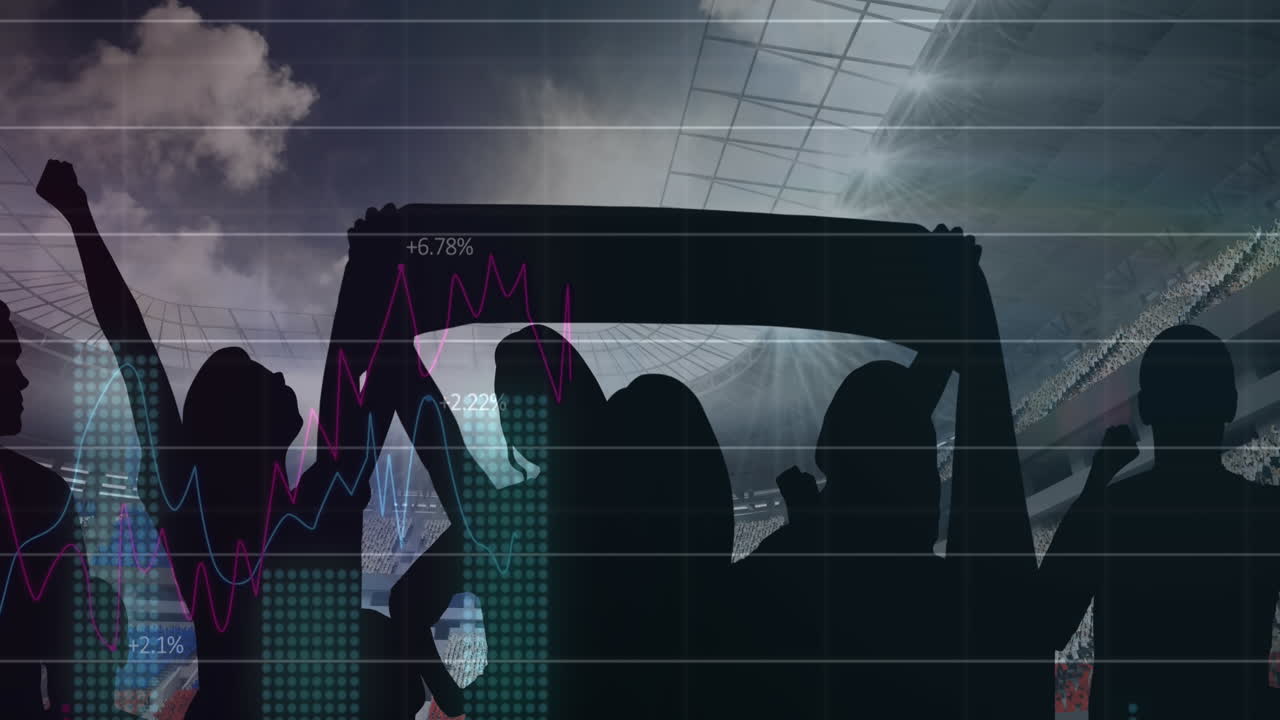 Animation of graphs and data processing over cheering sports fans at stadium