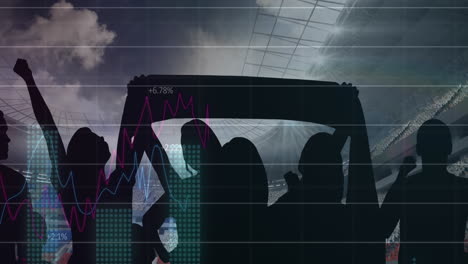 animation of graphs and data processing over cheering sports fans at stadium