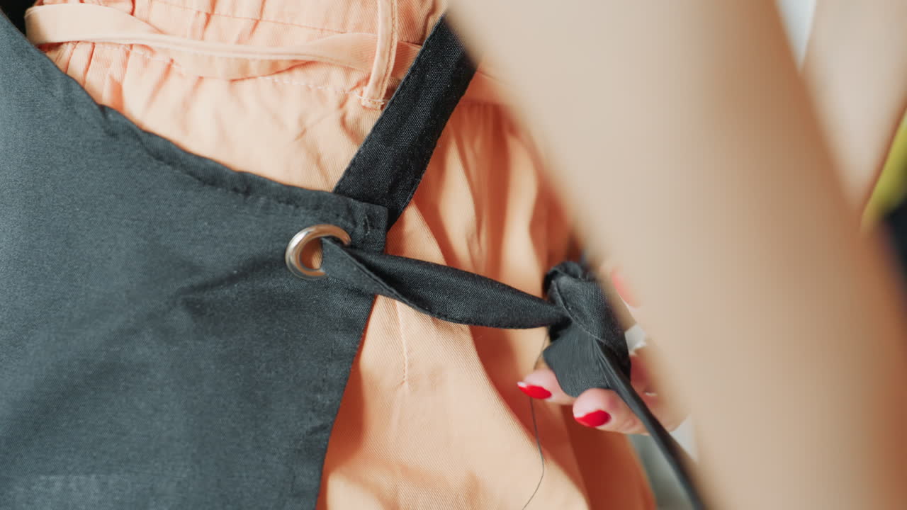 Decorator tying black apron strap over orange outfit, close-up of hands pulling fabric through metal ring, showing preparation, detail, craftsmanship, readiness, and focus on creative process indoors