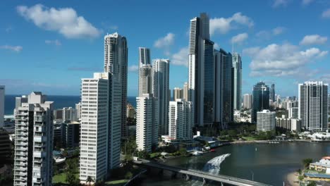 Gold-Coast-Skyline,-drone-footage-on-a-beautiful-bright-day,-Australia