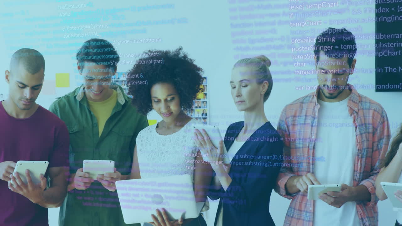 Using digital devices, diverse group in school with programming code animation