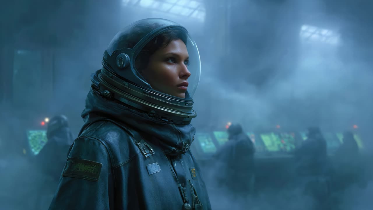 A Determined Astronaut Stands Amidst a Foggy Control Room Filled with High-Tech Monitors, Emphasizing the Struggle Between Humanity and the Unknown in a Dystopian Future