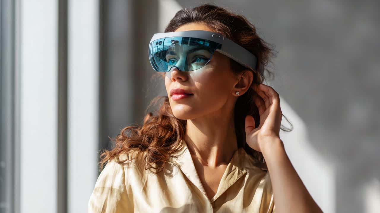 Innovative Technology and Fashion Combine in a Captivating Portrait of a Woman Wearing Advanced Optical Glasses, Showcasing Elegance and Modern Design in a Bright and Airy Environment