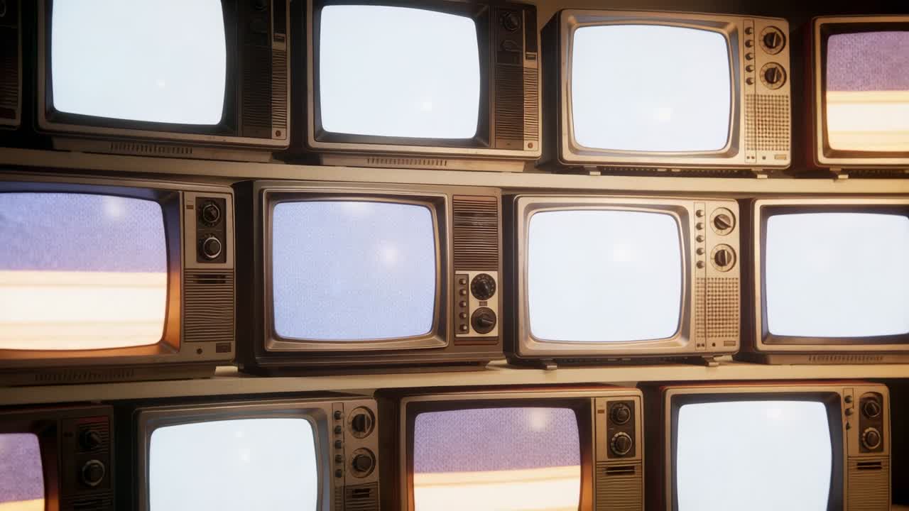 Telecamera che si allontana rivelando televisori CRT impilati su scaffali in uno studio, per mostrare la griglia completa.