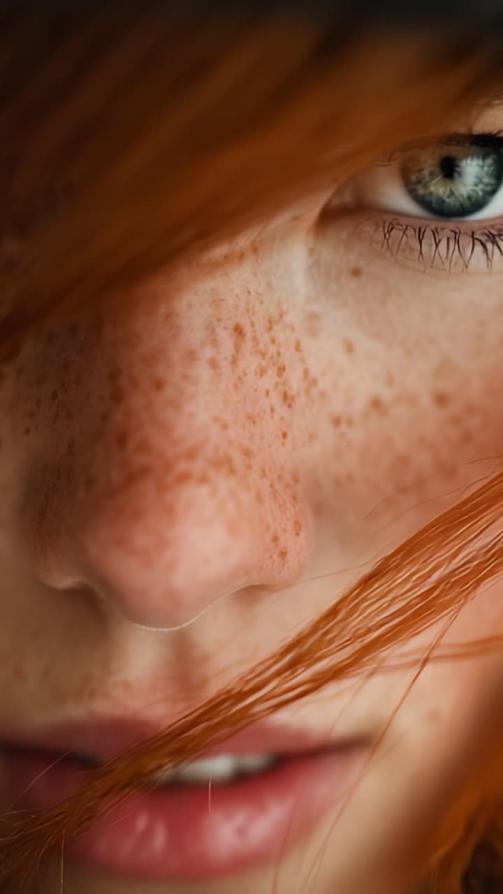 Un ritratto ravvicinato di una giovane donna con lentiggini e accattivanti occhi blu incorniciati da ciocche di capelli rossi fiammanti, che evoca un senso di mistero e bellezza