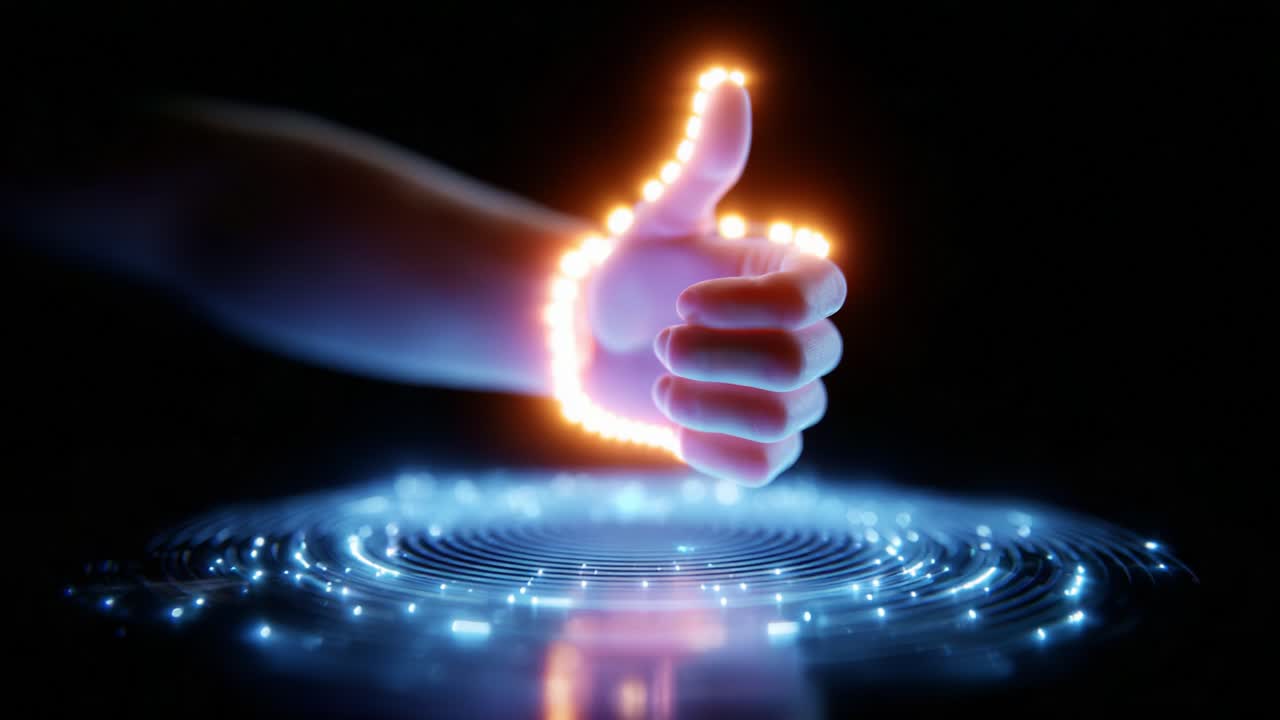 Illuminated Hand Gesture Signaling Positive Affirmation with Vibrant Light Effects and Abstract Circular Patterns Creating a Futuristic Visual Representation of Approval and Optimism
