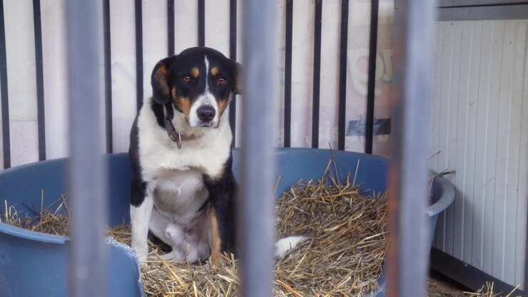 Um cão solitário sentado em um recipiente de palha dentro de uma gaiola em um abrigo para animais
