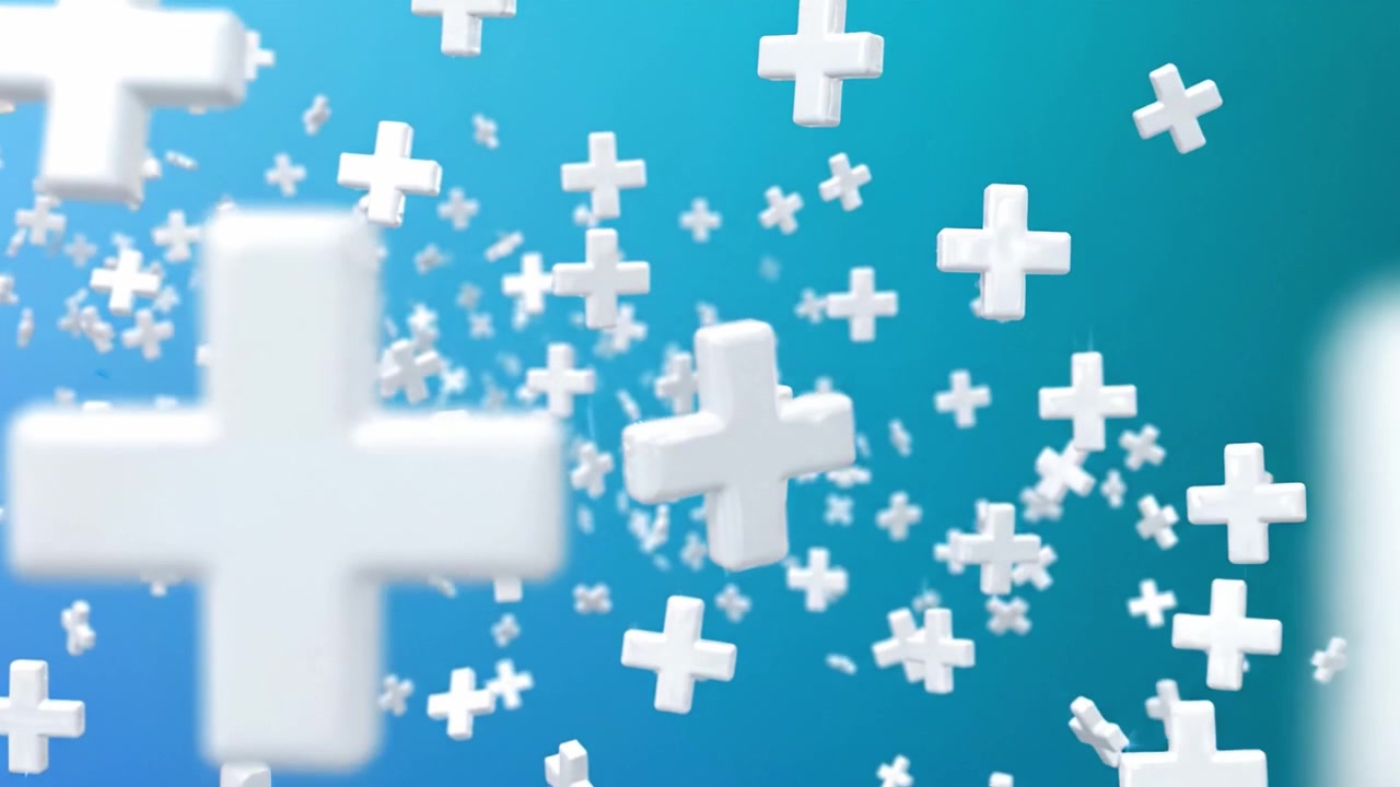 Dynamic Representation of Floating Plus Symbols Against a Gradient Blue Background, Conveying Concepts of Addition, Growth, and Expansion in a Modern Design