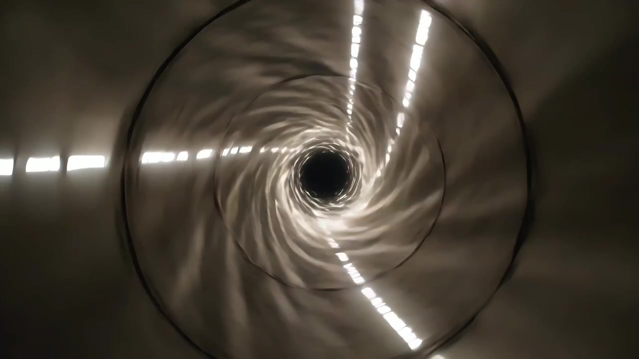 Pulsing light urging spiral tunnel drawing inward at center cylinder creating motion with LED lines