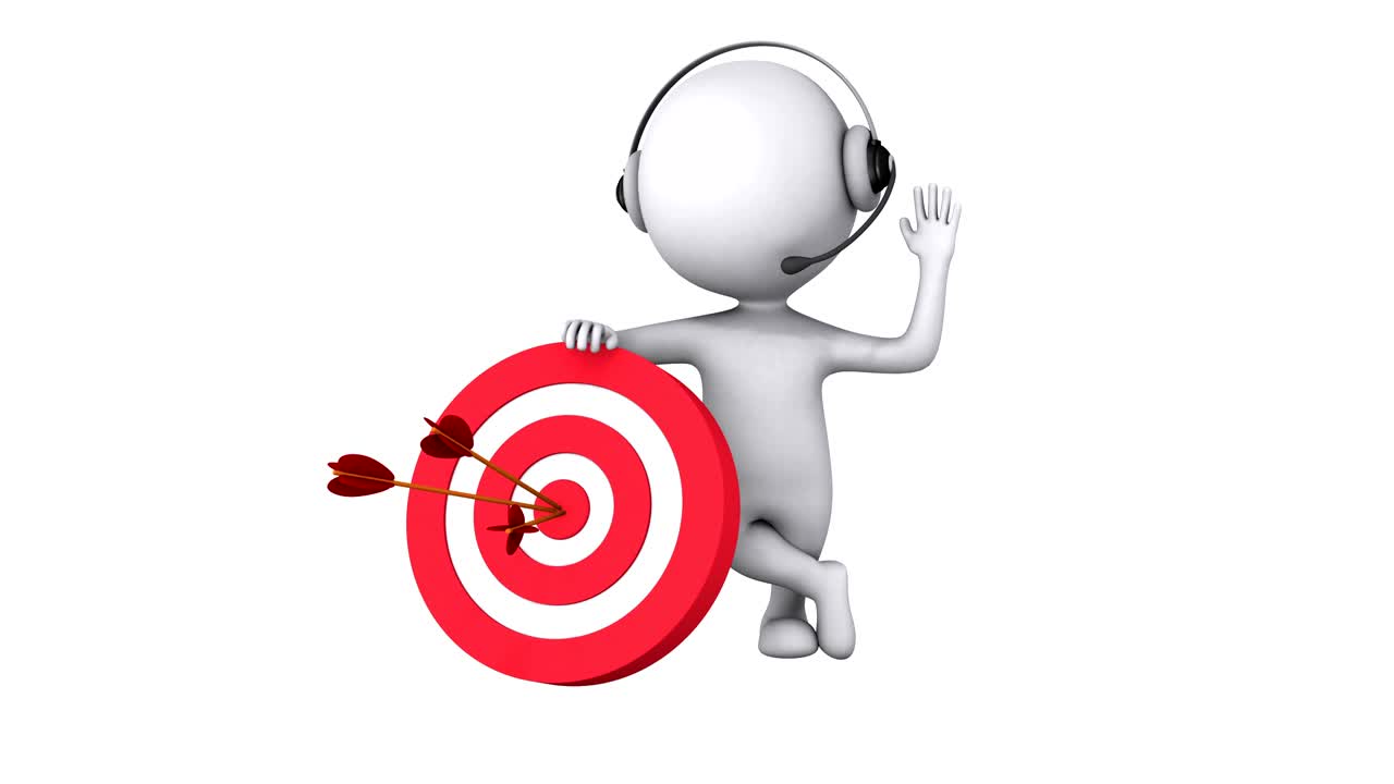 Animation of 3d white people support manager stand near red aim target ...