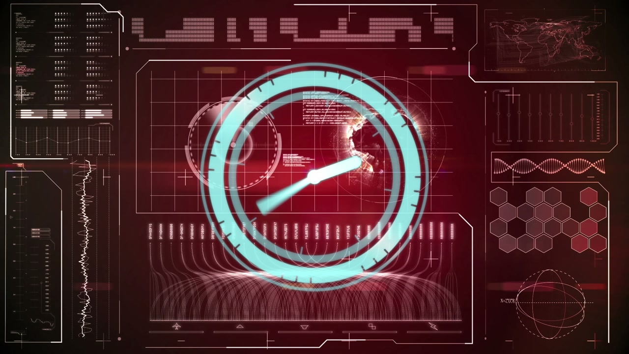 Animated Digital Interface with Clock and Data Display
