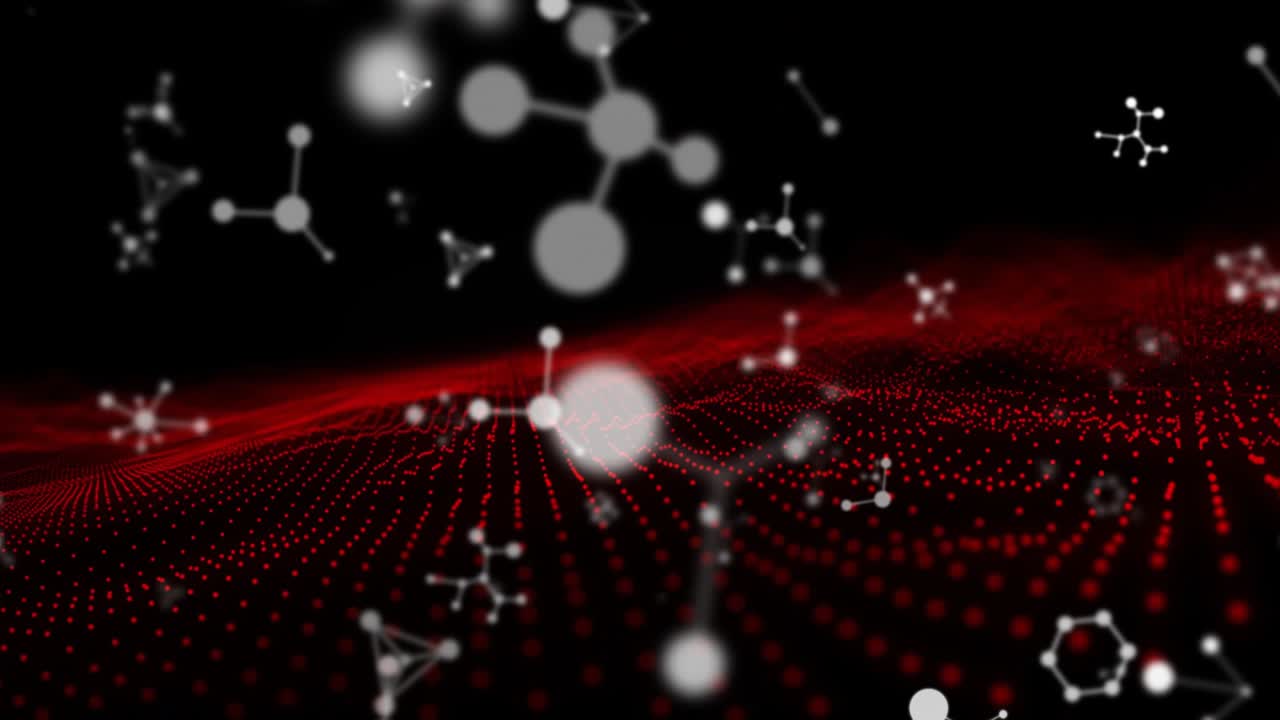 Dark void initiating red grid while white spheres fading, rods forming clusters visualizing network