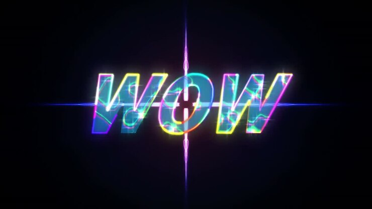 Animazione del testo "wow" sopra scie luminose su sfondo nero