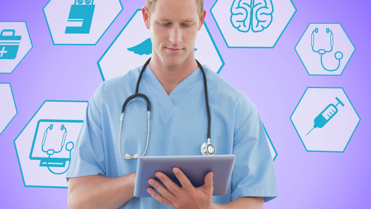 Animation of male doctor over medical icons