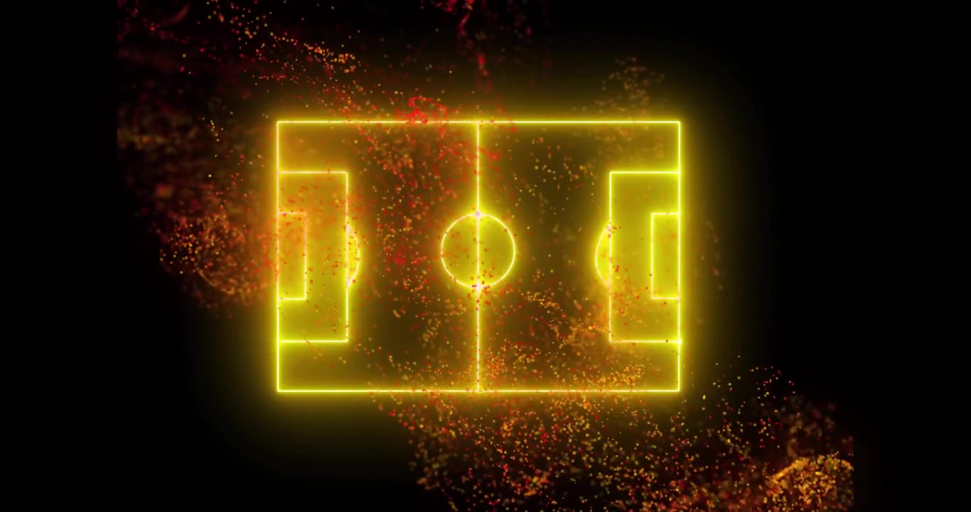 Segmentos amarelos piscando no vazio formando um campo de futebol neon e brasas girando para visualizar o campo