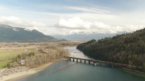 Aerial-View-of-a-River-in-the-valley-surrounded-by-Canadian-Mountain-Landscape