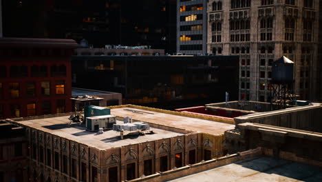 aerial view of a cityscape with buildings and a water tower
