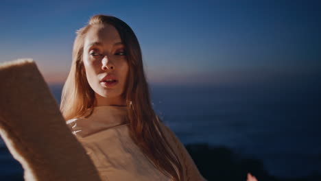 seductive dancer performing movements sunset background closeup. woman dancing