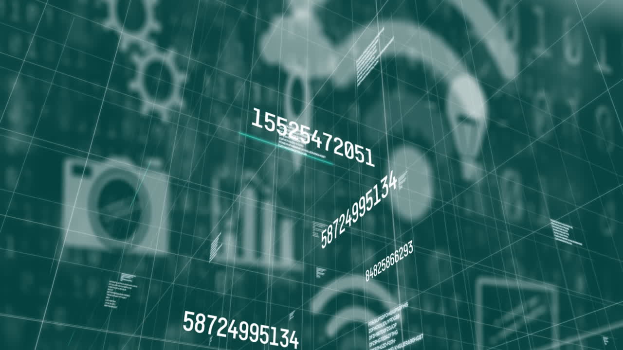Multiple changing numbers and data processing against multiple digital icons on green background