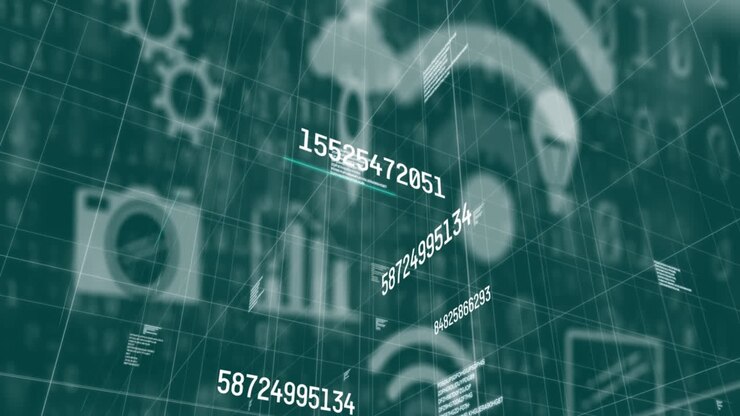 Multiple changing numbers and data processing against multiple digital icons on green background