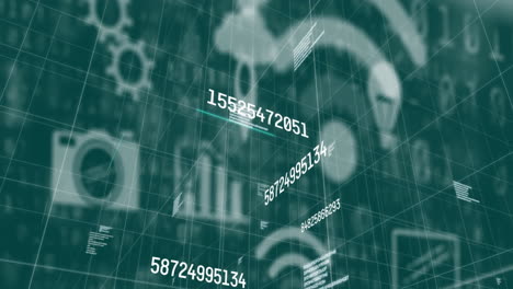 múltiples números cambiantes y procesamiento de datos contra múltiples iconos digitales en fondo verde