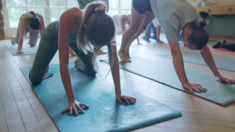 yoga class practicing downward dog pose