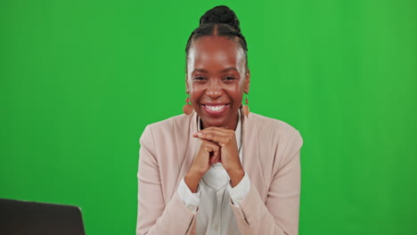 Laptop,-laughing-and-face-of-black-woman-on-green