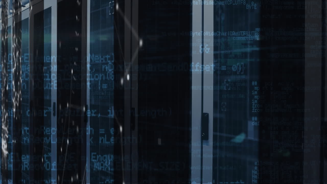 Animation of shapes moving and data processing over server room