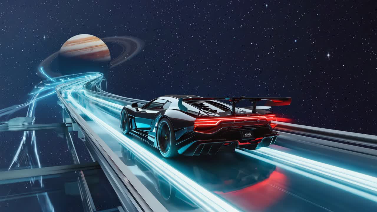 Futuristic Sports Car on a Space Highway with a Ringed Planet
