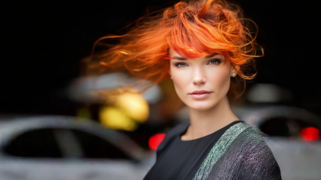 A striking portrait showcasing a woman with vibrant orange hair flowing in the wind, capturing a moment of dynamic energy and beauty amid a blurred urban backdrop