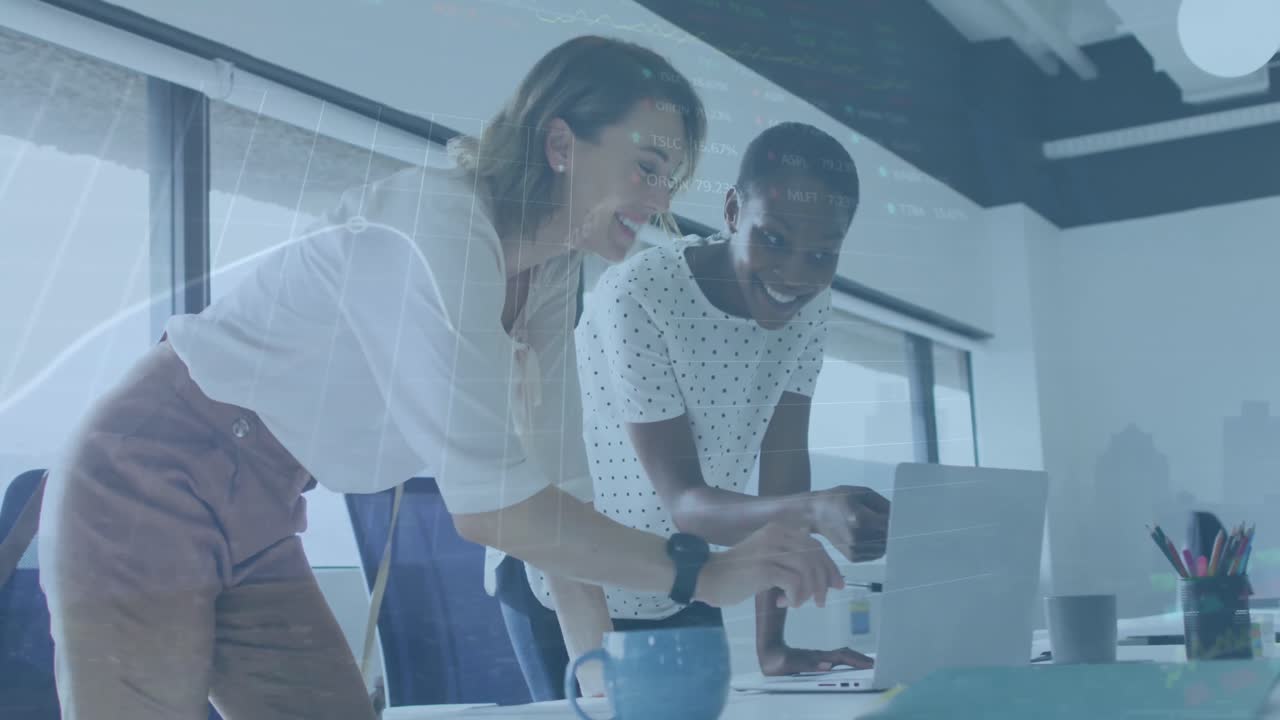 Animation of graphs and trading board over diverse female coworkers discussing reports on laptop
