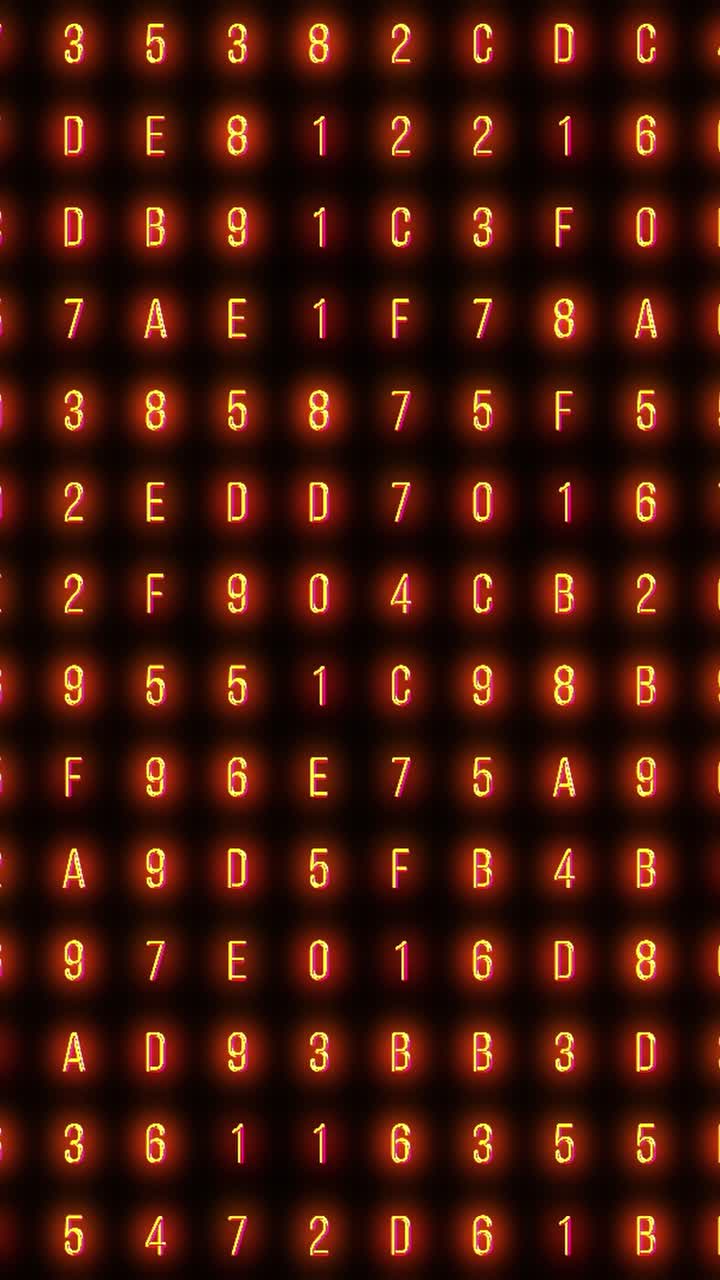 Golden and orange hexadecimal characters changing on digital grid, representing finance or crypto data on black background