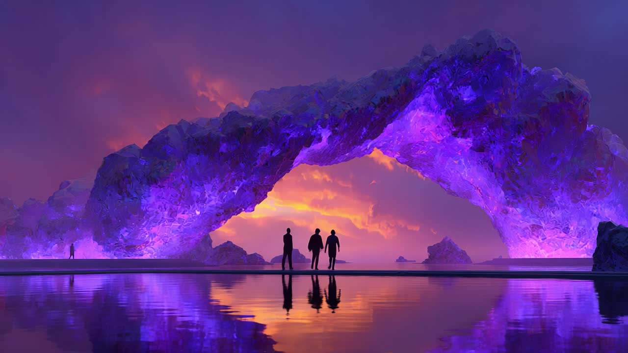 A mesmerizing landscape features a radiant archway of shimmering crystals, set against a twilight sky painted in hues of purple and gold, creating an enchanting visual experience for the silhouettes below