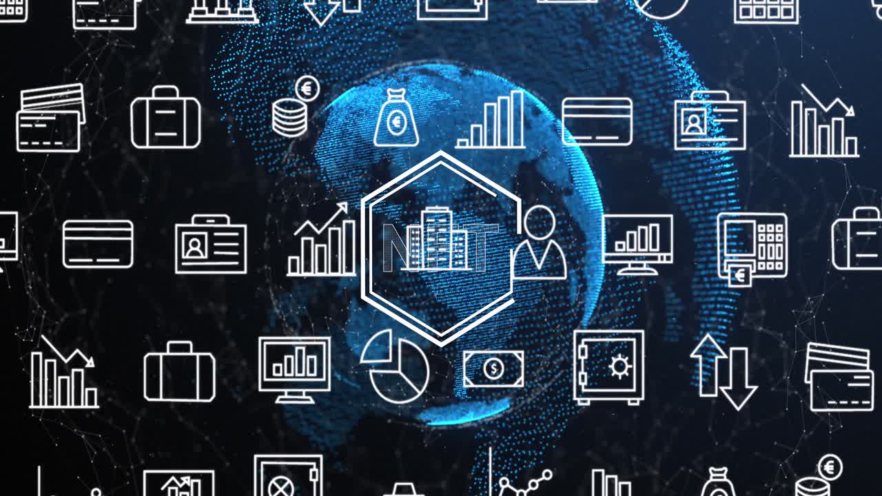 Animation of globe, connections and financial icons on navy background