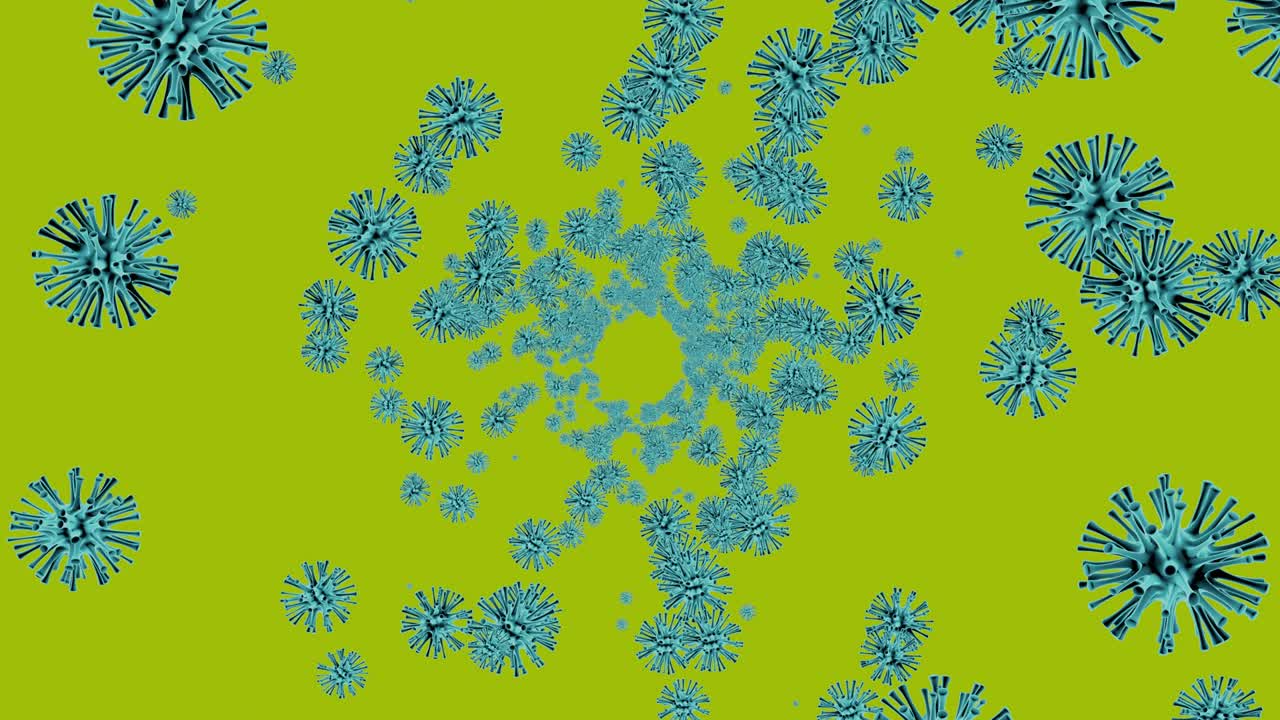 Coronavirus tunnel animation of flight among many viral cells on a green background. (chroma key, Hex #8ffe09).