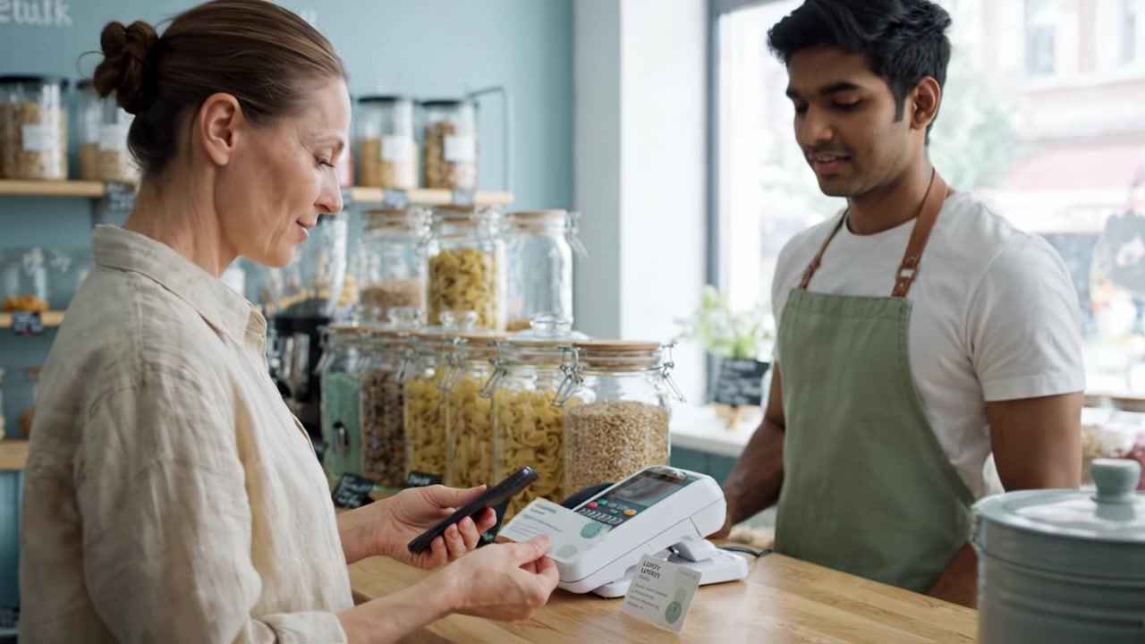 Customer Completing Purchase Using Mobile Payment at a Modern Store with Friendly Cashier and Well-Organized Shelves of Dry Goods in Background