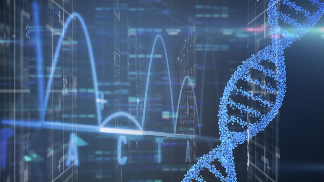 Animation of dna strand spinning and scientific data processing