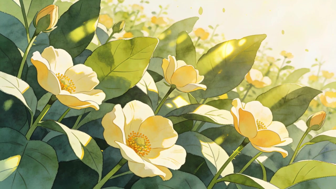 日当たりの良い庭で、そよ風が揺れる淡い黄色の花と葉の房をそっと押し、花粉が漂っている。