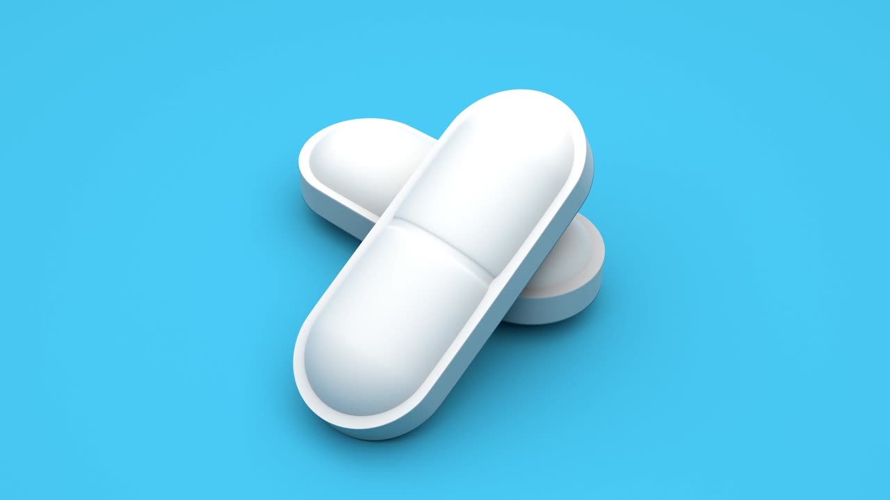 dos pastillas blancas girando sobre un fondo azul. un bucle sin costuras. 4k uhd. rendering en 3d.