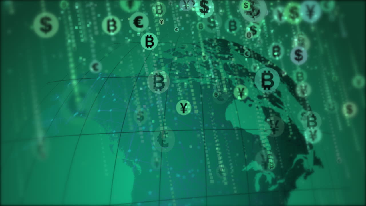 World currency symbols falling down like rain on the background of the rotating planet Earth. Green looped animation for business.