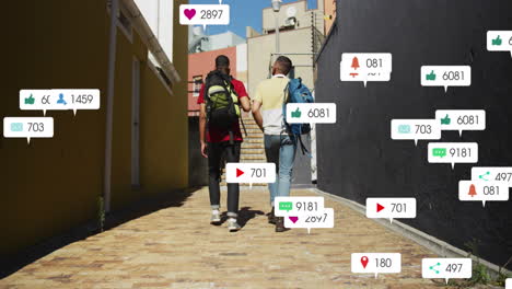 animation of notification bars over diverse friends discussing while walking on street