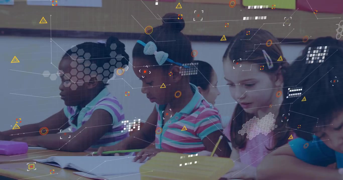 Diverse Elementary Students Writing in Classroom with Digital Data Overlay