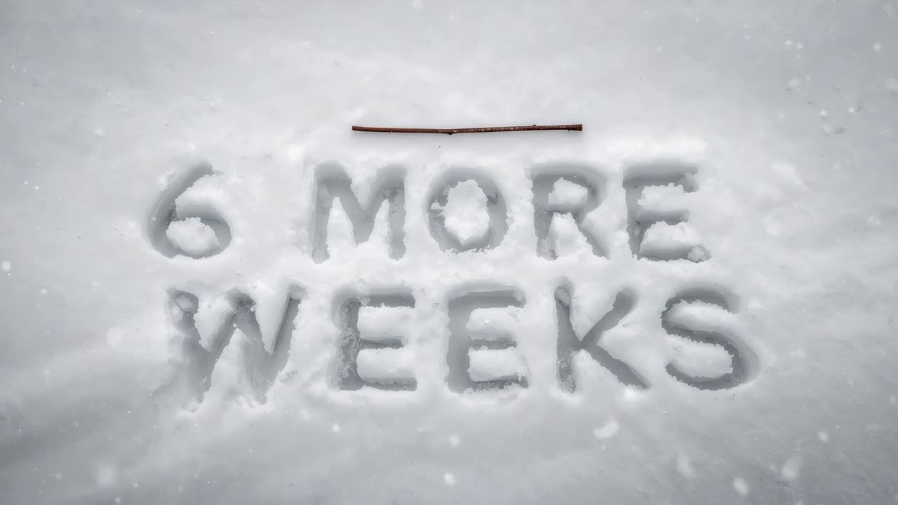 Beginning with '6 MORE WEEKS' carved in snow with twig, text staying centered while flakes drifting