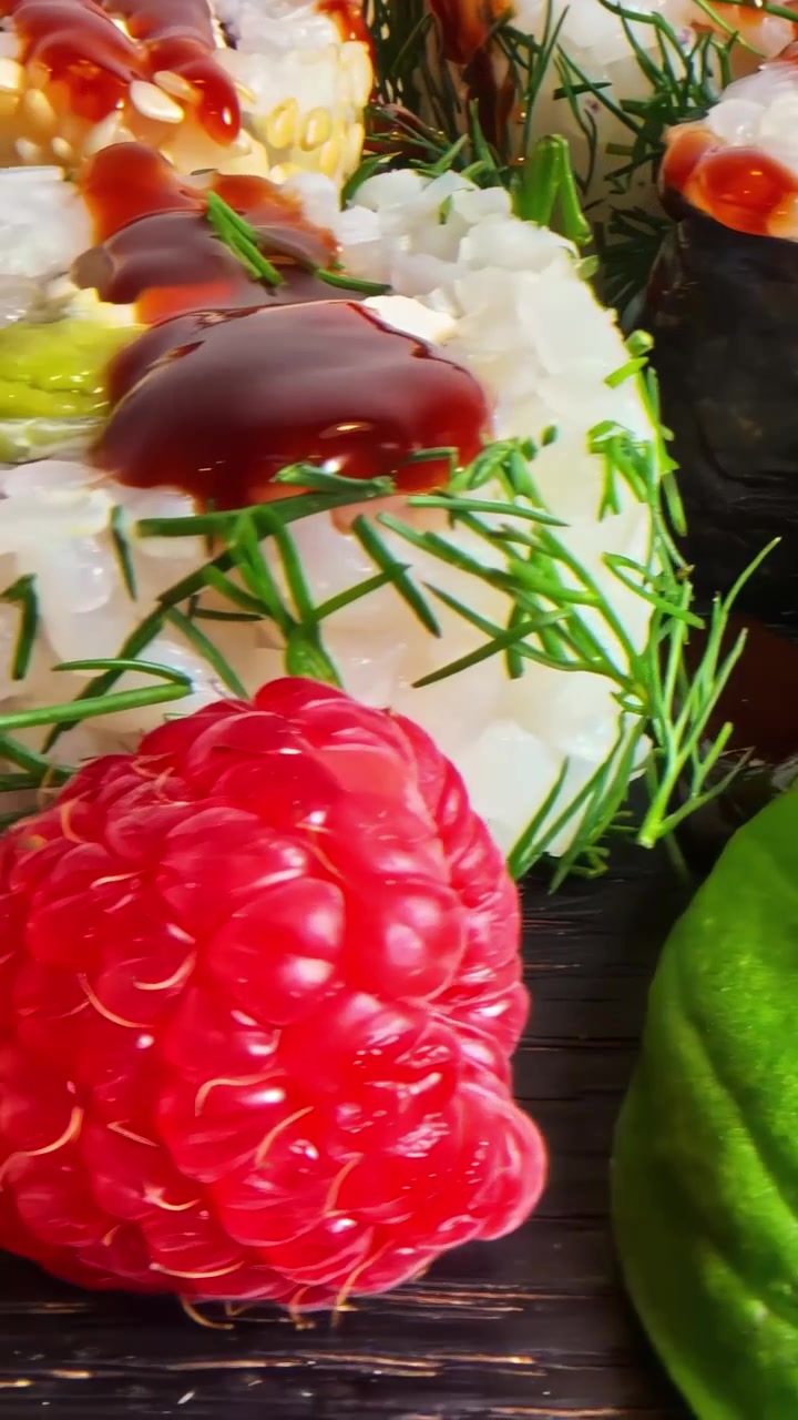 Deliziosi roll di sushi giapponese con ingredienti freschi e lamponi su un piatto di legno