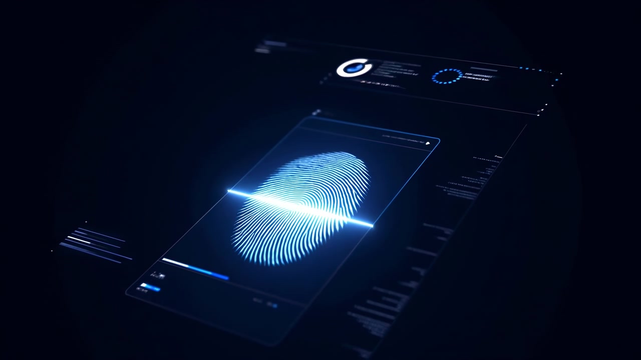 Holographic Fingerprint Scan On Display, Blue Luminescent Ridge Lines Animate Across Glass Sensor,