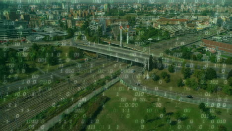 animating aerial view of railway tracks under highway overpass in 3d render with binary overlay